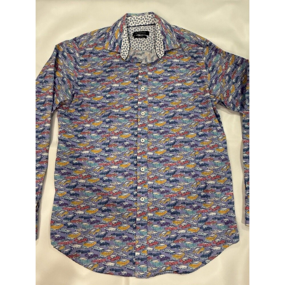 BUGATCHI Men’s Sz M Cotton Button Down Long Sleeve Classic Car Print Cotton b